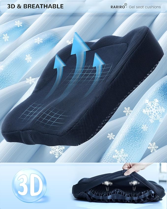 Thickened Gel Seat Cushion, Egg Gel Chair Pads for Wheelchair Pressure Coccyx Sciatica Pain Relief, Cooling Desk Seat Cushion for Kayak, Car, Office Chair Long Sitting[Black-2.75"]