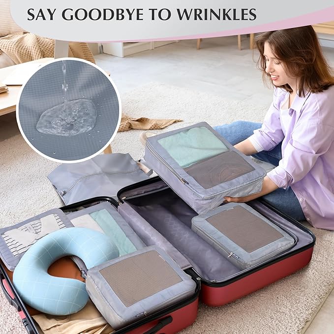 Ultralight Compression Packing Cubes for Suitcases Carry on，Compressible Mesh Packing Cubes for Travel Women Travel Essentials with Shoe Bag 6 Set (Grey)