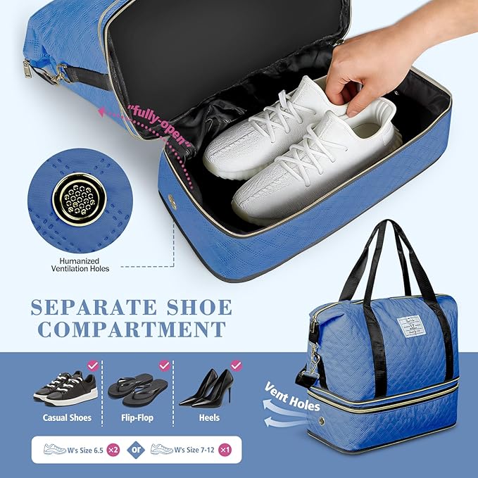 Geestock Travel Duffel Bag, Weekender Bags for Women, Carry on Overnight Bag with Shoe Compartment & Trolley Sleeve, Personal Item Travel Bags with Storage Pouch for Travel, Yoga, Gym, Hospital, Blue