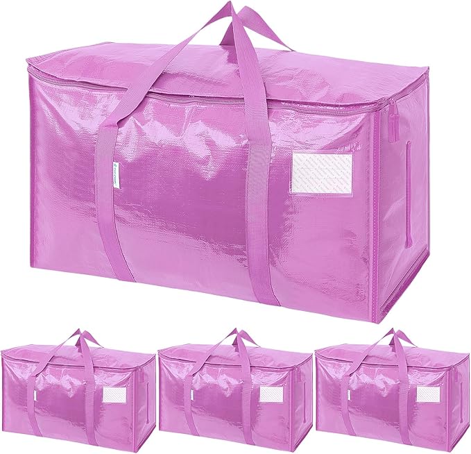 TICONN 4 Pack Extra Large Moving Bags Heavy Duty with Zippers & Carrying Handles, Durable Storage Bags Moving Boxes for Closet Organizers and Storage (4 Pack, Pink)