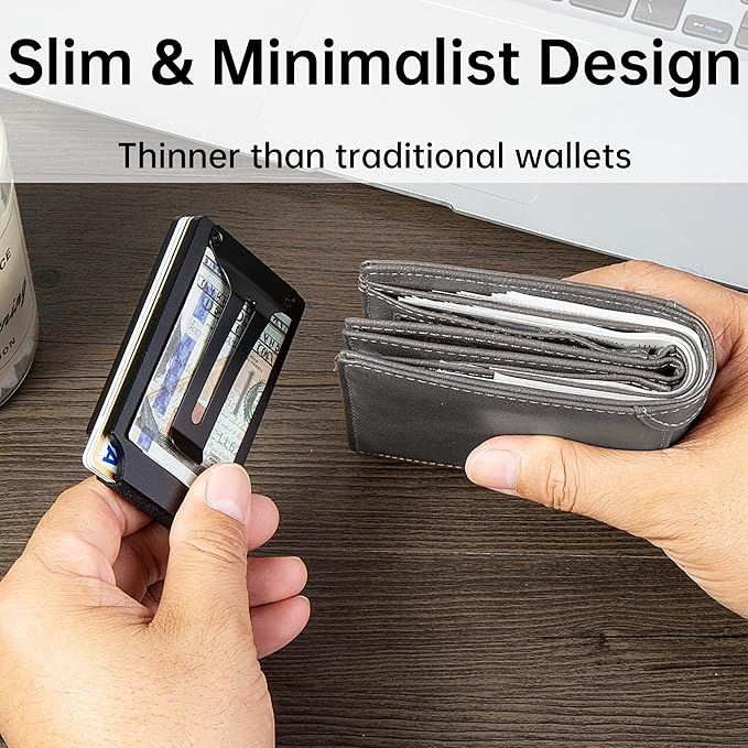 Minimalist Carbon Fiber Wallet for Men, Money Clip Cash Strap Wallet, RFID Blocking Metal Wallet Aluminum Card Holder,Front Pocket Wallet-Redline Flag Eagle