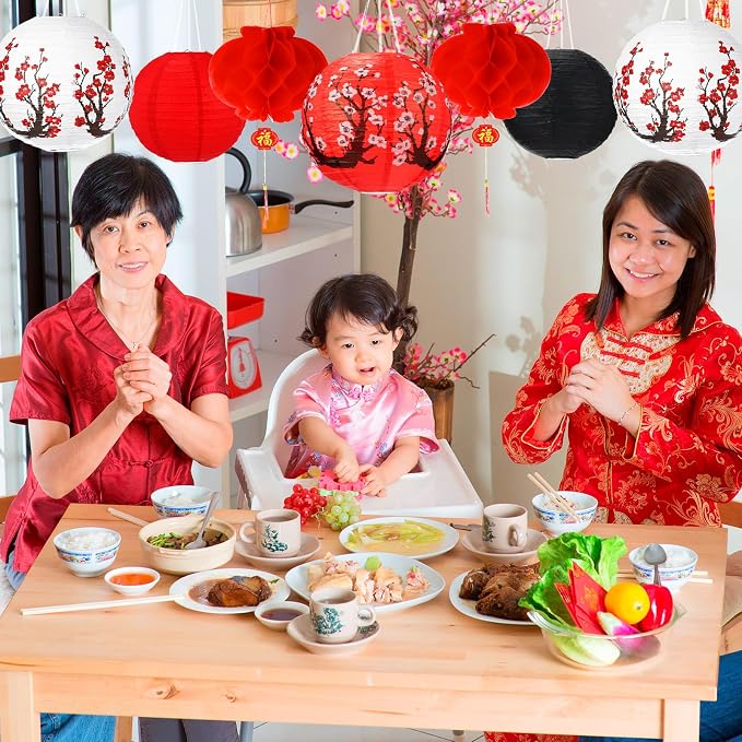 30 Pcs Chinese Japanese Paper Lanterns with LED Light, 2026 Chinese Lunar New Year Decoration Cherry Blossom Red Hanging Lanterns for Spring Festival Home Decor(Multi Size,Red, White, Black)