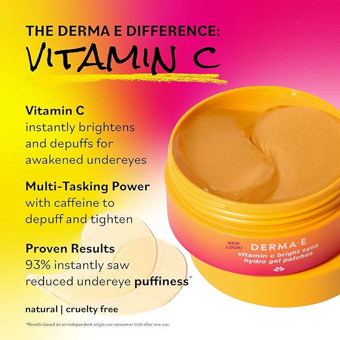 Derma E Vitamin C Bright Eyes Hydro Gel Under Eye Patches for Dark Circles (60 Ct, 30 Pairs) Allantoin, Caffeine & Vitamin B3, Eye Patches for Fine Lines, Wrinkles, Dark Circles & Puffy Eyes