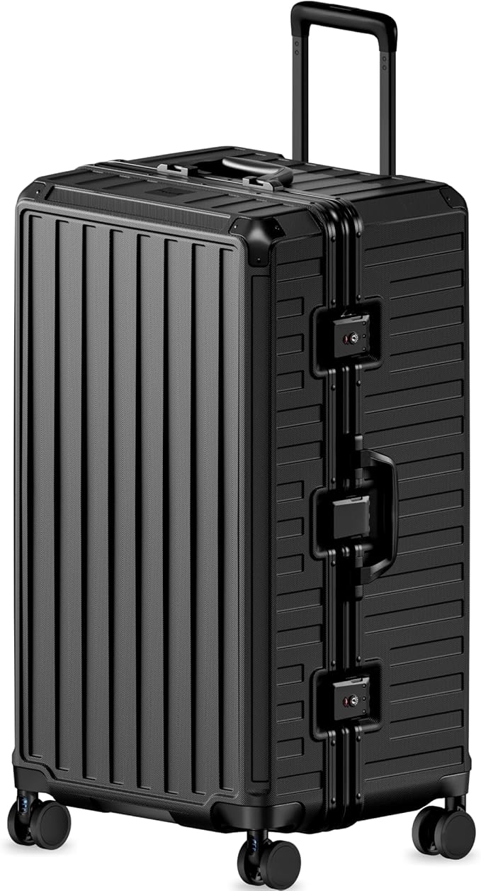 LUGGEX Checked Suitcase with Spinner Wheels, 8010S Aluminum Frame Zipperless Polycarbonate Hard Shell Suitcase (ZX-Core, Black, 30 Inch)