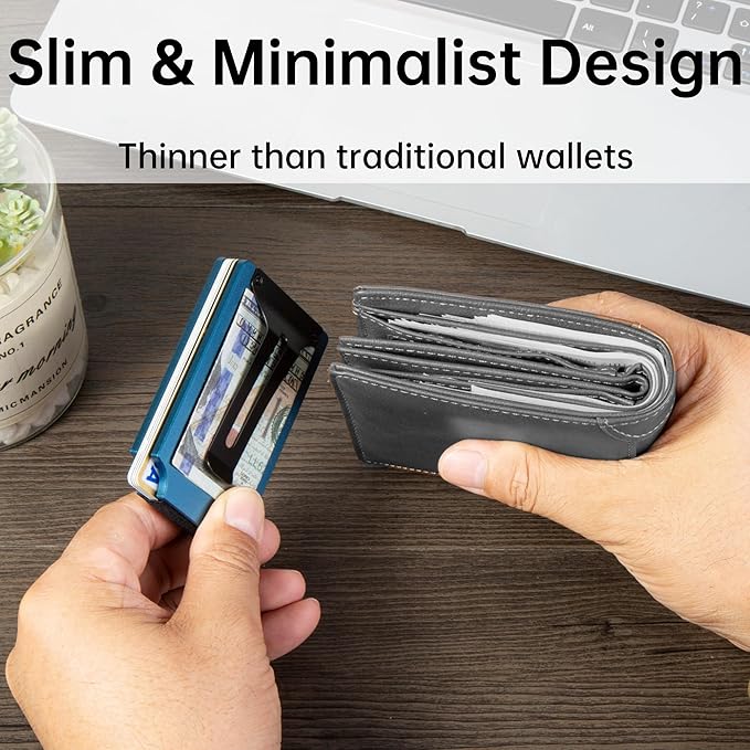 Minimalist Carbon Fiber Wallet for Men, Money Clip Cash Strap Wallet, RFID Blocking Metal Wallet Aluminum Card Holder,Front Pocket Wallet(Matte Navy)