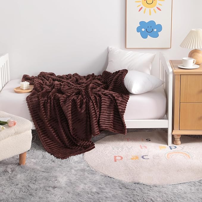 NTBAY Plush Flannel Oversized Baby Blanket, 50X60 Inches Soft and Warm Toddler Blanket with Striped Texture Nursery Bed Blanket for Stroller, Crib, Travel, Baby Gift, 50"x60", Brown