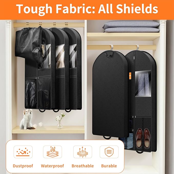 Garment Bag Travel Hanging Clothes: 43 Inch 2 Packs Fabric Breathable Foldable Zippered Pockets - Closet Storage Cover Packable - Men's Suit Shirts Uniform Jacket Jersey Tuxedo
