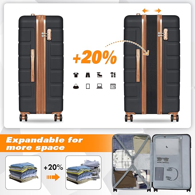 Explorer Luggage Set, Lightweight Hardside Suitcase, Expandable Carry-On Luggage with Travel Backpack & Cosmetic Makeup Bag, 5-Piece Set (20in/24in/28in), Black Brown