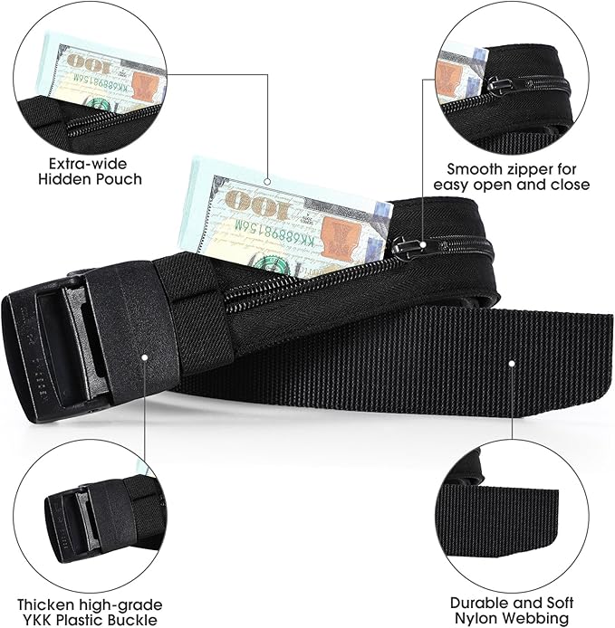 Travel Security Money Belt with Hidden Money Pocket - Cashsafe Anti-Theft Wallet Unisex Nickel free Nylon Belt by JASGOOD