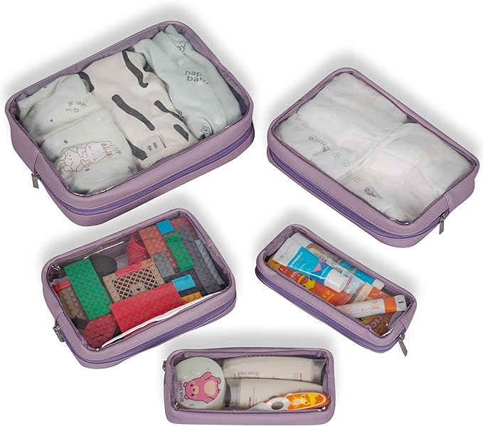 TSA Approved 5-Piece Diaper Bag Organizer Pouch Set Clear Waterproof TPU Kids Toiletry Storage Set Travel Packing Clutch Cube Bags for Baby Nursing (Purple)
