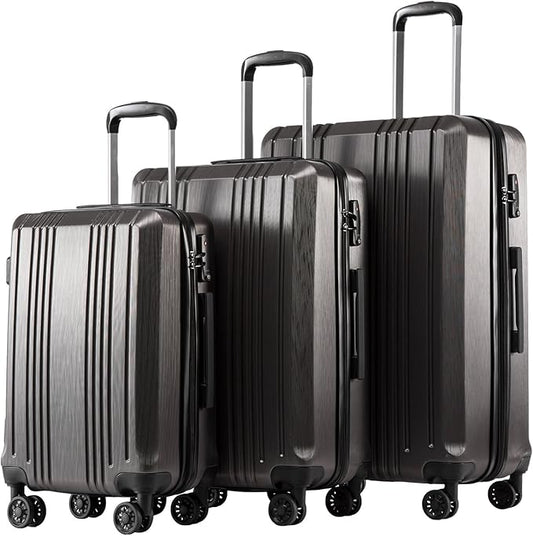 Coolife Luggage 3 Piece Set PC+ABS Hardshell Suitcases with TSA Lock, Spinner Lightweight (grey, 3 piece set)