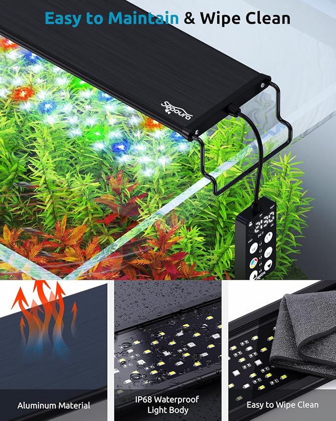 SEAOURA LED Aquarium Light with 24/7 Timer for 18-24in Fish Tank | high PAR LEDs for plant growth, 3 timers + memory, 20 dimming, 15min fade, adjustable brackets, slim aluminum