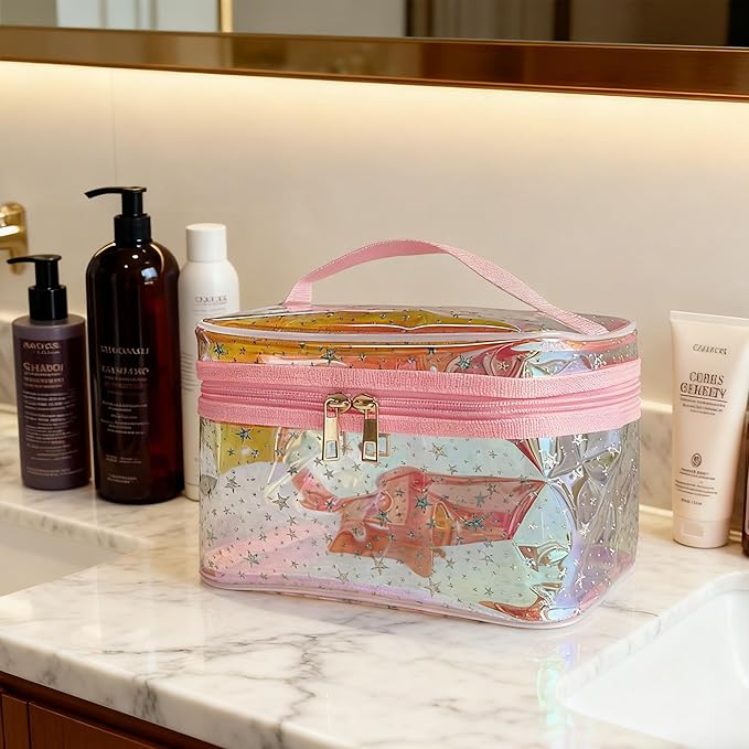 Waterproof Red Star Print PVC Makeup Bag with Handle - 8.66 * 5.51 * 5.51 inch Travel Cosmetic Organizer for Women Men Toiletry Pouch (Red Star-L)