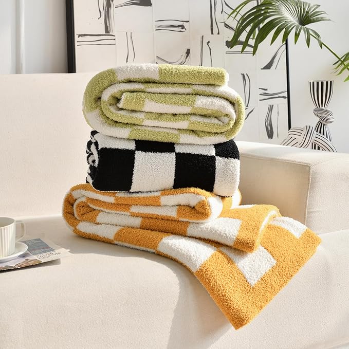 Checkered Blanket, Cozy Soft Throw Blankets for Couch Bed, Fluffy Plaid Lightweight Comfy Travel Picnic Blanket Gifts for Sofa Chair Living Room Camping (Yellow, Twin 60"x80")