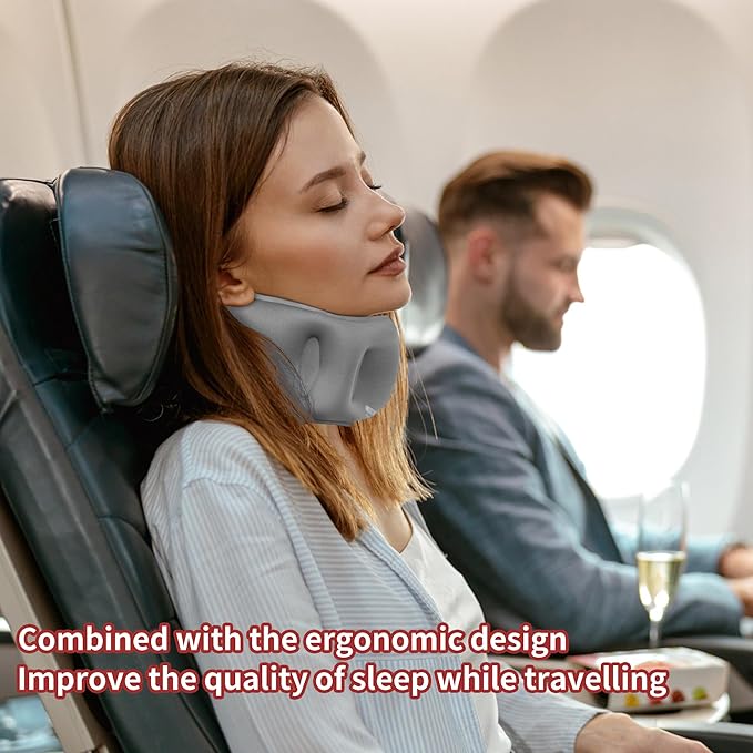 Inflatable Neck Pillow, Travel Pillow for Airplane, Traveling, Office, and Car, Chin Support Neck Relief - Airplane Travel Essentials(Gray)