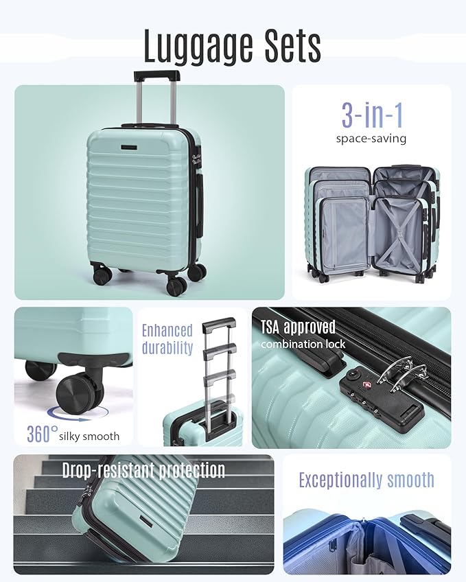 LIGHT FLIGHT Luggage Sets, 3 Piece Durable Suitcase Set with Spinner Wheels, 3 Pcs Hardside Lightweight luggage with TSA Lock, Large Checked Travel Suitcases, 20/24/28 Inch,Mint Green