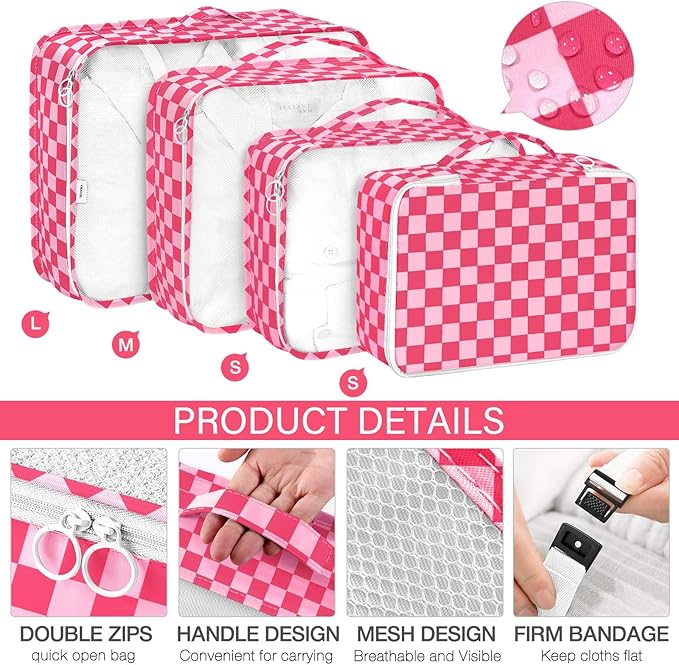 KPX 8 Set Packing Cubes for Travel, Luggage Packing Organizers Accessories Large Toiletries Bag for Clothes Shoes Cosmetics (8Set-Rose Checkered)