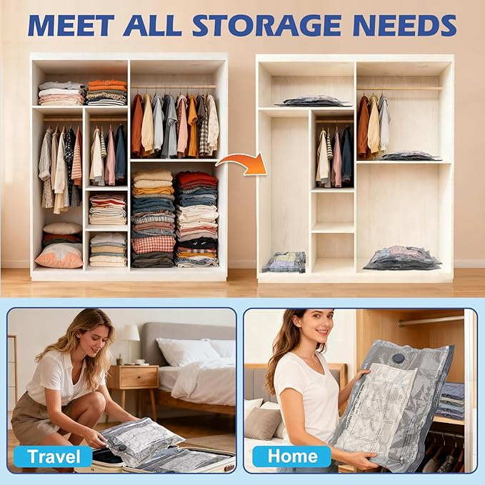 Travel Vacuum Storage Bags with Rechargeable Air Pump, 15 Pack Portable Space Saver Bags, Compression Bags for Clothing, Bedding, Seasonal Storage & Packing Bags for Moving