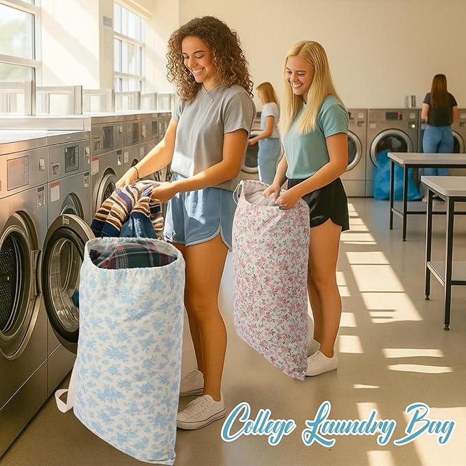 SATINIOR 2 Pcs Floral Laundry Bags 29" x 18" Pink Blue Canvas Travel Laundry Bags with Drawstring Shoulder Straps Washable Dirty Clothes Hamper Organizer for College Dorm Laundromat Apartment Camping
