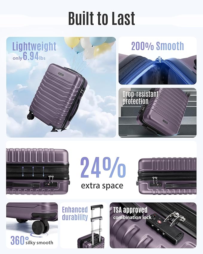 LIGHT FLIGHT Expandable Carry On Luggage 22x14x9 Airline Approved with Double Spinner Wheels, 20 Inch Lightweight Hard Shell Rolling Suitcases with TSA Lock, Purple