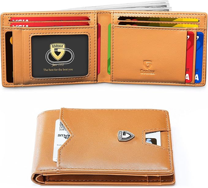 GSOIAX Slim Wallet for Men Rfid Blocking Leather Bifold Front Pocket Carbon Fiber Credit Card Holder Novelty Wallets With Gift Box (Brown)