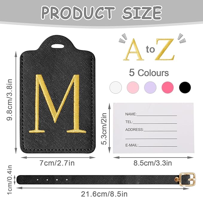 Personalized Initial Luggage Tags for Suitcases, Cute PU Leather Embroidered Letter Travel Luggage Tags, Suitcase Identifier Name Baggage Tag, Bag Tags for Men Women Kids Luggage Handbags(Black M)