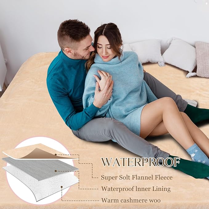 King Size Waterproof Blanket for Bed Couch, 80'' x 80'' Double Side Leakproof Reversible Sherpa Flannel Fleece 3-Layer Lightweight Blanket, Absorbs 70oz(Beige/White), Machine Washable