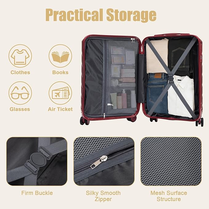 20 Inch ABS Hard Shell Travel Checked Luggage With Combination Lock, Red