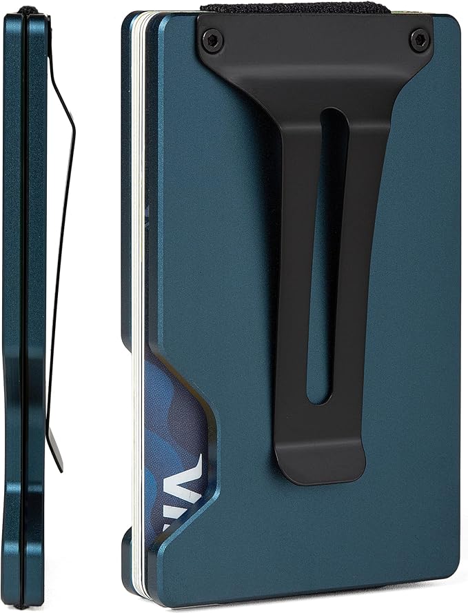 Minimalist Carbon Fiber Wallet for Men, Money Clip Cash Strap Wallet, RFID Blocking Metal Wallet Aluminum Card Holder,Front Pocket Wallet(Matte Navy)