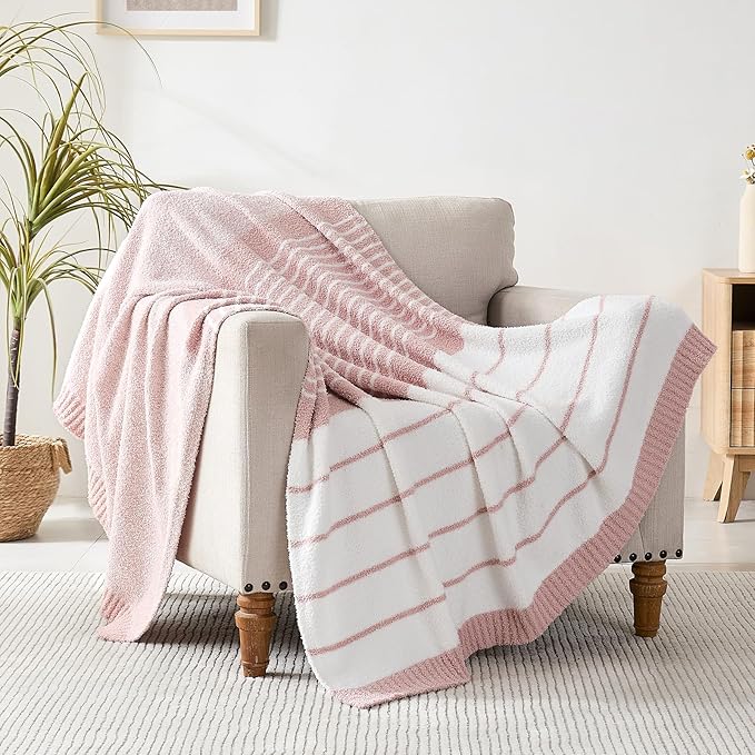 Throw Blanket, Pink White Soft Cozy Fluffy Striped Throw Blankets for Couch, Sofa, Bed, Chair, Warm Fuzzy Plush Lightweight Decorative Stripe Blanket, 50x60 inches