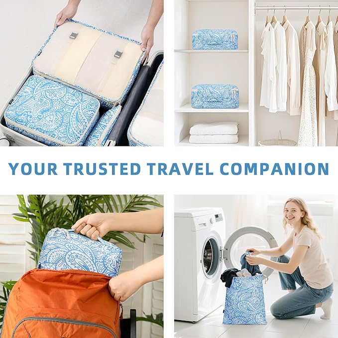 BAGAIL 8 Set Packing Cubes Luggage Packing Organizers for Travel Accessories-Blue paisley