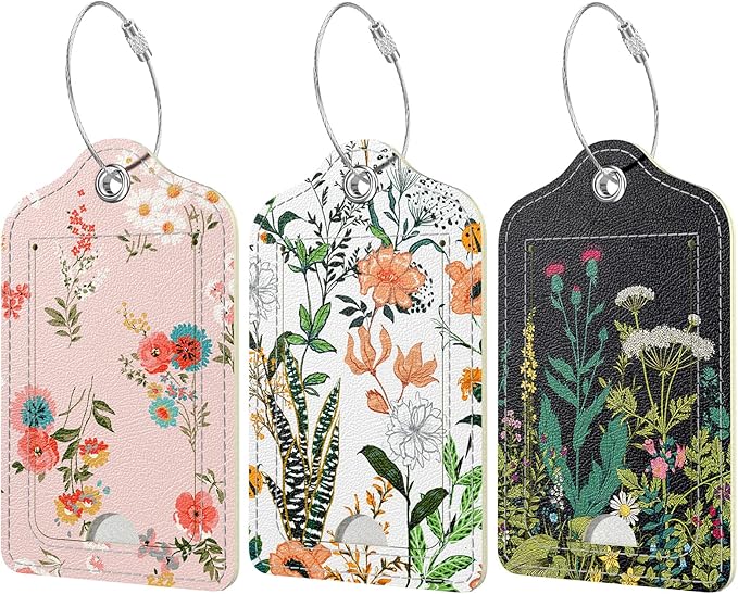 Rimilak 3 Pcs PU Leather Luggage Tags for Suitcase, Travel Cruise Luggage Tag with Privacy Flap, Name ID Label and Metal Loop for Women Men Baggage Handbag School Bag Backpack, Daisy Flowers
