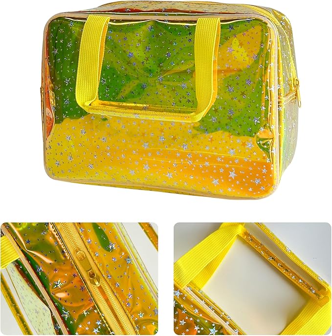 Holographic Yellow Clear Star Large Cosmetic Bag and TPU Travel Pouch with Handle,Durable Material,Zipper Design-Ideal for Makeup,Travel Essentials (Yellow)