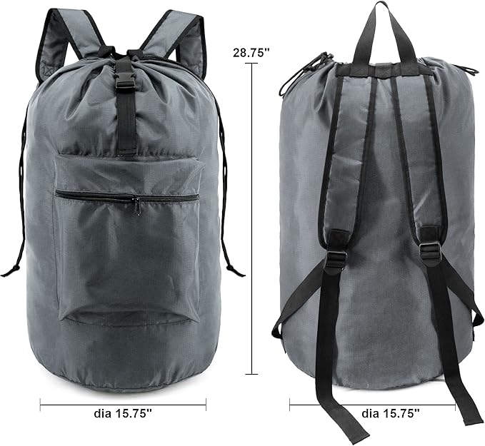BeeGreen Gray Laundry Backpack w Adjustable Shoulder Straps & Drawstring College Dorm Room Essentials w Handle for Travel Trip Lightweight Durable Laundry Bag Hamper Portable