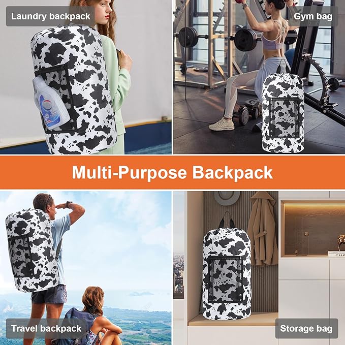 Laundry Bag Backpack Durable Laundry Bag with Shoulder Straps and Mesh Pockets Portable Laundry Dirty Clothes Hamper Bag for College Dorm (Cow Print)