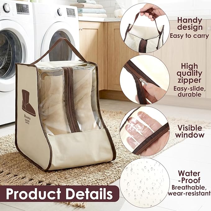 Portable Boots Storage Bag, Beige Dust Proof Boots Protector Carry Bag with Handle Shoe Dust Organizer Packing for Travel and Daily Use(Medium)