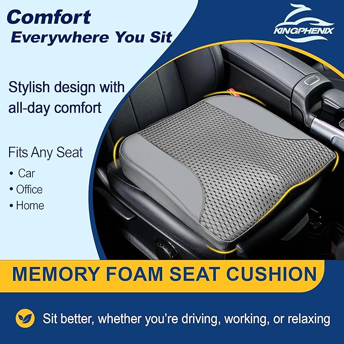 kingphenix Car Seat Cushion – Memory Foam Pad for Driving Comfort – Boosts Height and Relieves Coccyx & Lower Back Pain – Car, Truck, Office Chair (Leather & 4D Mesh Gray)
