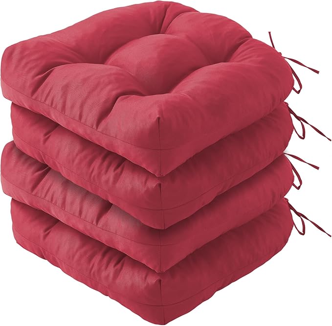 Outdoor Chair Cushions Set of 4, Patio Chair Cushions with Ties, 19x19+5” Tufted Outdoor Seat Cushions, Waterproof Patio Furniture Cushions, Outdoor Dining Chair Pads, Burgundy