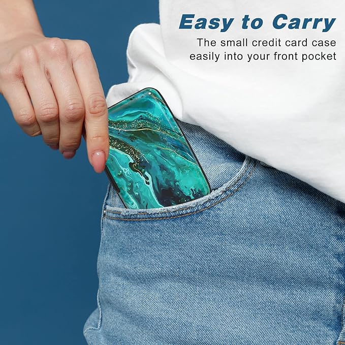 Credit Card Holder, Mini Aluminum Card Wallet RFID Blocking Slim Metal Hard Card Case for Women Men, Ocean Marble
