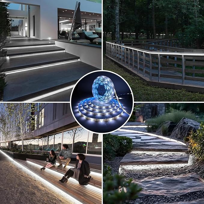 Solar LED Strip Lights Outdoor for Outside, Pool, Stair, 6000K 20FT | 180LED 6000K White Waterproof with 8 Modes Self-Adhesive Sticky Cuttable Automatic ON/OFF 1800mAh Decorative Lighting