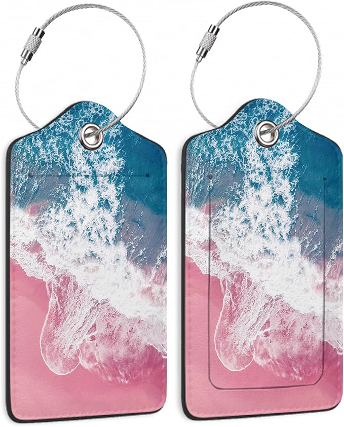 Luggage Tags for Suitcase,2 Pack Pink Beach Blue Ocean Luggage Tag PU Leather Privacy Cover ID Label with Stainless Steel Loop for Women Men Teens Travel