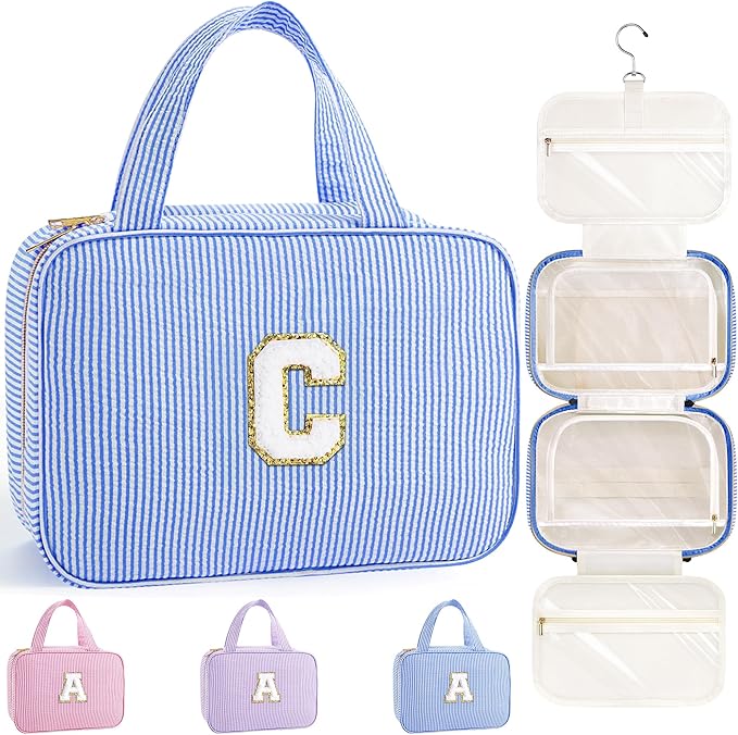 TOPEAST Hanging Toiletry Bag for Women - Travel Toiletry Bag Makeup Bag, Portable Toiletries Travel Bag and Cosmetic Bag, Airplane Travel Essentials - Letter C, Blue
