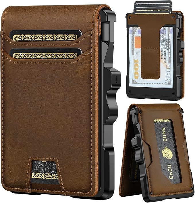 furid Genuine Leather Wallet for Men: Slim RFID Minimalist Wallets with Money Clip - Smart Pop Up Credit Card Holder for Front Pocket - Gifts for Husband Father on Birthday Anniversary