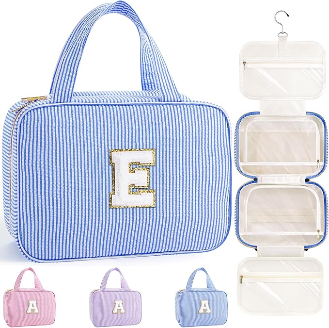 TOPEAST Teen Girl Gifts Trendy Stuff - Birthday Gifts for 7 8 9 10 11 12 13 14 15 16 17 18 Year Old Teen Girls, Hanging Toiletry Bag Initial Makeup Bag - Letter E, Blue