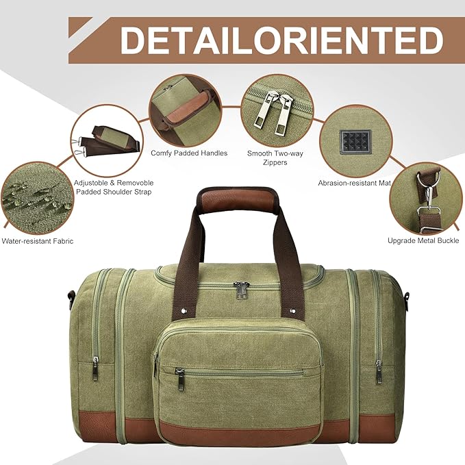 Litvyak Duffle Bag for Travel, Large 60L Canvas Travel Duffel Bags Overnight Weekend Gym Carry On Luggage Bag for Men & Women(Army Green)