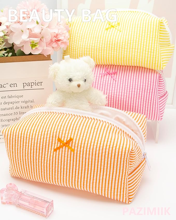 PAZIMIIK 2PCS Cozy Makeup Bag Small Aesthetic Travel Zipper Cosmetic Pouch for Women Make Up Beauty Accessories Brushes, Stripe Orange