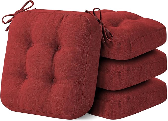 Chair Cushions for Dining Chairs, Dining Chair Cushions, Tufted Indoor Chair Pads with Ties & Non Slip Backing, Seat Cushions for Kitchen Chairs 16.5” x 16.5” x 3.5”, Set of 4, Red