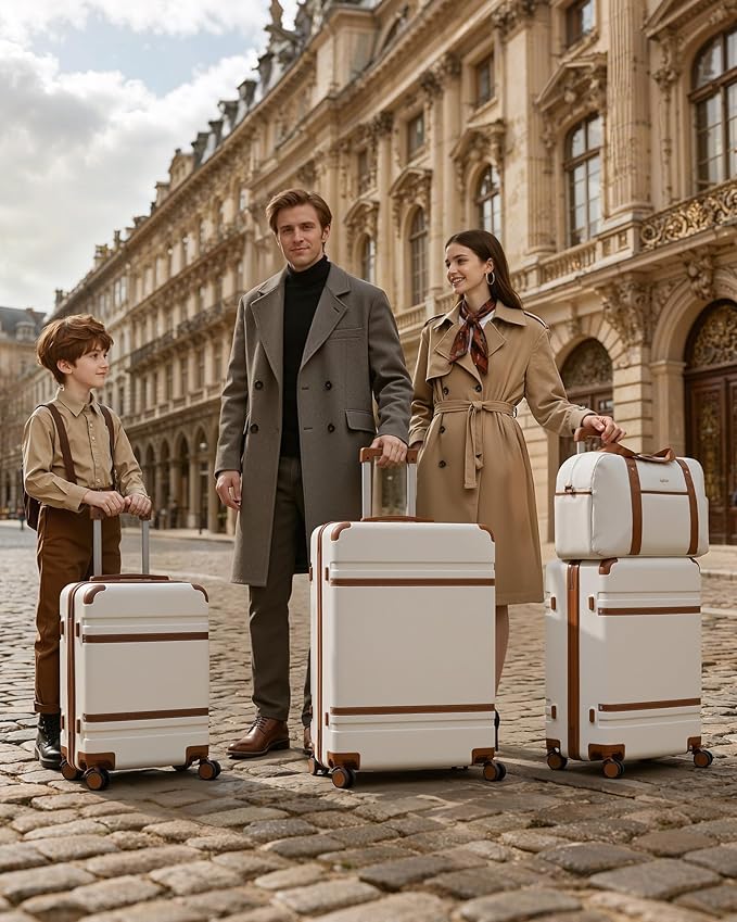 LONG VACATION Luggage Sets 5 Piece, Suitcases With Wheels, PC+ABS Hardshell Luggage Set with Spinner Wheels, TSA Lock (White Brown)