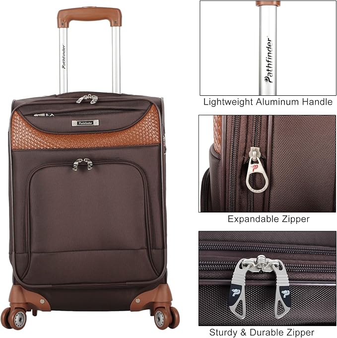 Pathfinder Luggage Sets with Spinner Wheels, Softside Expandable 20" 24" 28" Suitcase Carry-On 15 Inch Tote Bag