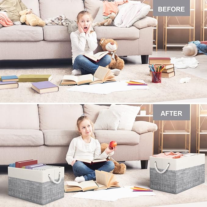 Fab totes Storage Bins [2-Pack], Foldable Storage Baskets for Organizing Toys, Books, Shelves, Closet, Large Storage Box with Rope Handles, Sturdy Organizer Bins, White & Grey